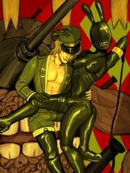 1boy 1futa blonde_hair bodysuit bulge bunny_ears fear_and_hunger fear_and_hunger:_termina futanari gimp_mask gimp_suit intersex latex latex_bodysuit male medium_breasts military_hat military_uniform painting_(artwork) pavel_yudin pocketrevolver sitting_on_lap sitting_on_person skin_tight smile soldier sylvian_trooper thigh_boots