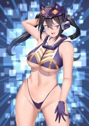 1girls big_breasts blush breasts duel_monster female gloves grey_hair happy i:p_masquerena looking_at_viewer nipple_peek nipple_slip thick_legs thick_thighs thong twintails underboob yu-gi-oh!