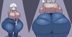 1girls ass ass_visible_from_the_front belt big_ass big_breasts blue_eyes breasts breasts_visible_from_back curvy dotodonoto dumptruck_ass faust_(limbus_company) female female_only from_behind gigantic_ass gigantic_breasts huge_ass huge_breasts jeans limbus_company looking_down massive_ass multiple_views pantylines plump project_moon silver_hair solo sweater textless_version thick_thighs underwear_outline wide_hips