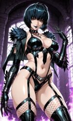 1girls ai_generated atlus bare_thighs belt bikini bikini_armor bikini_bottom bikini_top black_belt black_latex black_latex_armwear black_latex_bikini black_latex_elbow_gloves black_latex_garter_straps black_latex_gloves black_latex_legwear black_latex_panties black_latex_thighhighs black_lips black_lipstick blunt_bangs bob_cut brown_eyes cape choker cleavage collared_cape dark_blue_hair dark_brown_eyes dominant dominant_female dungeon elbow_gloves eyeshadow feathered_arms feathered_shoulders feathers female femdom fingers_spread fire fishnet_legwear fishnet_stockings fishnets garter_belt garter_straps goth goth_girl hair_covering_ears half-closed_eyes hand_up japanese_female latex latex_armwear latex_bikini latex_bikini_top latex_clothing latex_gloves latex_legwear latex_panties latex_thighhighs light-skinned_female light_skin looking_at_viewer looking_down_at_viewer low-angle_view mabinogi_heroes mature_female megami_tensei metal_gloves necklace pale-skinned_female pale_skin persona persona_5 persona_5_royal purple_fire sassy_hips sega shin_megami_tensei shiny shiny_body shiny_breasts shiny_clothes shiny_hair shiny_skin shiny_thighs short_hair silver_necklace small_smile spiked_choker spiked_gloves standing standing_female straps_across_chest studded_belt tae_takemi thigh_strap thigh_straps thighhighs thighs vambraces