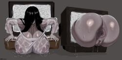 anus bottom_heavy breasts_bigger_than_head bubble_butt busty chrona_draws covered_eyes exposed_ass exposed_pussy female female_only huge_ass huge_breasts long_hair pale-skinned_female pale_skin see-through_clothing solo_female stuck the_ring wet yamamura_sadako