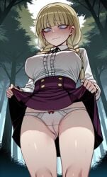 ai_generated big_breasts blonde_hair blouse blue_eyes cameltoe clothing dark_forest fairy_tales gretel grimms'_fairy_tales hansel_and_gretel imminent_rape lifting_skirt nervous panties pussy ratatatat74_(ai_style) stranded vulnerable wet wet_pussy