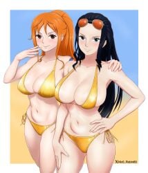 2girls big_breasts bikini bikini_bottom bikini_top black_hair blue_eyes blush bottomwear breasts brown_eyes cleavage clothing female female_only golden_bikini golden_week hair hand_on_hip hand_on_shoulder headwear huge_breasts long_hair nami_(one_piece) nic0_robin69 nico_robin one_piece orange_hair ponytail post-timeskip smile sunglasses sunglasses_on_head swimwear tattoo tattoo_on_shoulder topwear