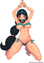 aladdin arabian_clothes arms_above_head arms_up ball_gag blue_ball_gag bondage bra breasts chains cleavage cuffs dark-skinned_female dark_skin disney disney_princess enslaved_royal female female_only gag gagged harem_outfit kneeling large_breasts lilith-fetish looking_at_viewer panties princess_jasmine solo underboob