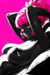 ai_generated areolae armpits arms_up bangs blush blush_lines blushing_at_viewer blushing_female breasts calm completely_naked completely_naked_female completely_nude completely_nude_female curly_hair curly_hair_female curly_sidelocks dark_skin dark_skinned_female edited_ai eye_contact eyelashes eyeliner hair_up hard_nipples high_contrast large_areolae large_breasts large_nipples limited_palette looking_at_viewer lying lying_on_bed monochrome monochrome_background naked naked_female nipples nude nude_female original pastalord pillow pink_background pink_eyes pink_eyes_female pink_hair pink_hair_female pink_theme reclining sagging_breasts seductive seductive_look shiny_skin sidelocks spot_color stable_diffusion
