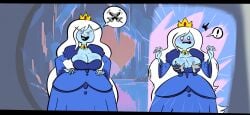 2025 blue_body blue_breasts blue_clothing blue_dress blue_skin blush blush blush_lines crown gold_crown gold_jewelry grabbing_breasts grope groping groping_breasts ice_queen ice_queen_(adventure_time) whimbly white_eyes white_hair
