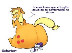 abunbot anthro applejack_(mlp) ass big_butt cutie_mark digital_media_(artwork) duo equid equine female female/female friendship_is_magic hair hasbro headgear hi_res horse mammal my_little_pony open_mouth pony purple_hair rarity_(mlp) simple_background sitting sitting_on_another spiral_eyes