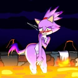 accessory anthro bare_hands bell-thing blaze_the_cat blush burning caught dipstick_tail domestic_cat dripping_lava embarrassed felid feline felis female flat_chested forehead_gem fur gem genitals hair_accessory hi_res lava lava_bath mammal markings multicolored_body multicolored_fur nipples nude purple_body purple_fur pussy sega solo sonic_(series) sonic_the_hedgehog_(series) tail tail_markings towel volcano white_body white_fur yellow_eyes