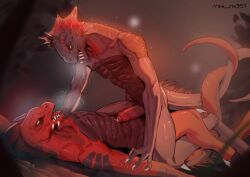 anal anal_sex anthro bodily_fluids breath claws cum cum_on_belly cum_on_body divinity:_original_sin_2 divinity_(series) drooling duo entwined_tails fin frill_(anatomy) genital_fluids head_crest head_frill larger_male larian_studios lizard lying male male/male male_penetrating markings mina-mortem nature nature_background night on_back outside_sex penetration plant red_body red_markings red_scales reptile saliva scales scalie sex sharp_teeth shrub size_difference smaller_male spines sub_on_top tail tail_coil teeth the_red_prince tree