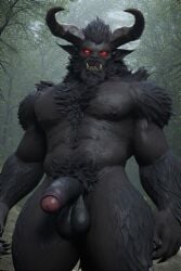 3d ai_generated bearded big_balls black_cock black_fur creature fantasy foreskin forest furry_body gay glowing_eyes goatee handsome himbo horny hunky large monstrous muscular_build old_male penis red_eyes saggy_balls sharp_fangs sharp_horns solo strong
