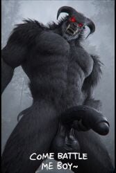 3d ai_generated bearded big_balls black_cock black_fur creature fantasy foreskin forest furry_body gay glowing_eyes goatee handsome himbo horny hunky large monstrous muscular_build old_male penis red_eyes saggy_balls sharp_fangs sharp_horns solo strong