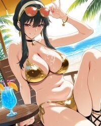 1girls ai_assisted ai_generated beach big_breasts bikini black_hair breasts female golden_bikini golden_week hodarake looking_at_viewer navel spy_x_family terta_(artist) yor_briar yor_forger