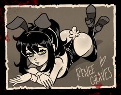 1girls absurd_res alternate_version_available ass big_ass black_hair blood_stain bunny_ears bunny_girl bunny_tail bunnysuit female female_only footwear heart hi_res large_ass legwear mature mature_female mature_woman milf mother_(the_coffin_of_andy_and_leyley) ponytail raydeluxxxe renee_graves solo solo_female text the_coffin_of_andy_and_leyley thighhighs