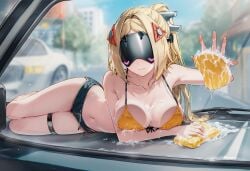 ai_generated big_breasts breasts breasts_on_glass cars carwash cleaning_tool curvy_body curvy_figure eyes_covered female female_focus laying_on_car no_eyes raaicave trigger_(zenless_zone_zero) vehicle zenless_zone_zero