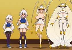 ai_generated bewildered blue_eyes breasts bug embarrassed_nude_female exposed_breasts exposed_nipples female large_breasts long_hair nipples nude_female pheromosa plain_background pokemon shocked shocked_expression transformation white_hair