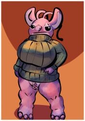 2025 3_toes alien angel_(lilo_and_stitch) antennae_(anatomy) anthro big_breasts biped black_eyes border bottomless bottomless_anthro bottomless_female breasts brown_background claws clothed clothing coldgemini digital_drawing_(artwork) digital_media_(artwork) disney experiment_(lilo_and_stitch) eyelashes feet female finger_claws genitals green_clothing green_sweater green_topwear green_turtleneck hand_on_hip hi_res huge_breasts lidded_eyes lilo_and_stitch long_antennae looking_at_viewer pink_body purple_claws purple_nose pussy shaded simple_background solo standing sweater toe_claws toes topwear turtleneck white_border