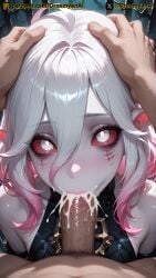 2025 ai ai_assisted ai_generated anime anime_style artist_name barefoot blowjob breasts briar_(league_of_legends) cum cum_in_mouth deepthroat dreamyan_ai eye_contact fellatio head_grab hi_res high_quality high_resolution highres league_of_legends looking_at_viewer oral oral_sex pale_skin patreon pink_hair pointy_ears sharp_teeth sucking sucking_penis thick_ass thick_thighs thighs uncensored white_body white_eyes white_hair white_skin