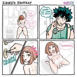 1boy1girl apron ass big_ass big_breasts big_butt boku_no_hero_academia breasts brown_eyes brown_hair canon_couple comic curvaceous curvy curvy_female curvy_figure green_eyes green_hair hips izuku_midoriya midoriya_izuku my_hero_academia nude_female ochako_uraraka tagme volmite voluptuous