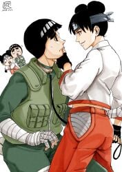 2025 2boys 2girls ass baiyangqi bandaged_arm bandages before_sex being_watched black_hair blush bodysuit breasts brown_hair caught_in_the_act chibi chinese_clothes chinese_text dated dominant dominant_female domination double_bun embarrassed female femdom finger_to_mouth fingerless_gloves gloves konohagakure_symbol kunoichi leash leash_and_collar leash_pull male malesub naruto naruto_(series) naruto_shippuden ninja pants rock_lee sexually_suggestive shirt short_hair speech_bubble submissive submissive_male suggestive tenten text vest watermark