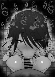1boy 1girls :>= areola_slip bare_shoulders big_breasts big_penis black_and_white blush censored dark-skinned_male dark_skin detailed_background drooling eyelashes fellatio female female_focus gundam gundam_gquuuuuux hair_over_one_eye heart human indoor inside interracial kurotama long_hair looking_at_viewer male male_pov nyaan_(gundam_gquuuuuux) oral oral_sex penis room saliva shiny shiny_skin sketch sound_effects squatting sweat text tongue_out vein veins veiny veiny_penis