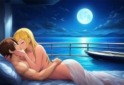 after_orgasm after_sex after_sex_cuddling ai_generated b._jenet couple couple_(romantic) cuddling cuddling_up_together fatal_fury hug king_of_fighters kissing kissing_after_sex kyo_kusanagi romantic romantic_couple yacht