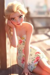 ai_generated bare_shoulders blonde_hair braid braided_ponytail disney dress elsa_(frozen) female frozen_(film) hand_on_head long_hair looking_at_viewer odviously sitting_on_floor strapless_dress sundress thighs