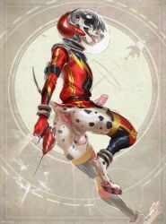 anthro anus ass backsack balls black_fur_markings black_hair black_nose blue_eyes canid canine canis clothed clothing dalmatian domestic_dog folded_ears fur genitals hair humanoid_genitalia leggings legwear looking_back male mammal markings momobeda pantsless pawpads penis ranged_weapon raygun rocket science_fiction smile solo spacesuit spots spotted_body spotted_fur tail weapon white_body white_fur