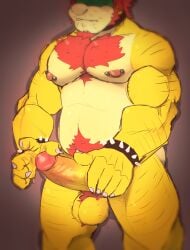 1boy absurd_res anthro balls beard biceps body_hair bowser bracelet claws erection facial_hair furry furry_male furry_only genitals hairy hi_res humanoid_genitalia humanoid_penis jewelry koopa male male_nipples male_only mario_(series) muscles muscular muscular_anthro muscular_male nintendo nipple_piercing nipples nude penis piercing red_hair reptile scalie solo srapolowo standing