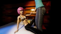 1boy 3d bedroom blurry_background bra brother_and_sister cgi clothed couple dark erection female handjob hesitant holding_penis incest jeans male on_bed original_character pink_hair short_hair sitting standing stomach