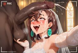 1boy1girl ai_generated ayase_momo brown_hair busty cheating commission cumshot dandadan dark-skinned_male dress facial female huge_breasts indoors interracial large_penis male netorare patreon patreon_url patreon_username penis_worship recording sinderellaart thick voluptuous wedding_dress white_dress