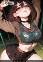 ai_generated arm_up armpits bangs black_skirt blush breasts brown_eyes brown_hair choker dollmaker dollmaker_(artist) earrings female hair_between_eyes jewelry large_breasts long_sleeves looking_at_viewer navel patreon_username short_hair skirt smile solo sweat tagme
