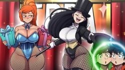 2boys 2girls alternate_breast_size ben_10 ben_tennyson black_hair black_hair_female blue_eyes brown_hair bunnysuit cleavage clothed_male crossover dc dc_comics digital_art female female_focus fishnet_legwear green_eyes gwen_tennyson human jon-el jonathan_kent long_hair long_hair_female magic magician male multiple_boys multiple_girls orange_hair orange_hair_female superboy superboy_(jonathan_kent) thebenravenagenda zatanna zatanna_zatara