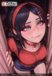 ai_generated artist_name bangs black_hair blue_eyes blush breasts choker desk dollmaker dollmaker_(artist) female fisheye hair_ornament hairband hairclip in_box long_hair long_sleeves looking_at_viewer naughty_face patreon_logo patreon_username red_hairband sitting skirt smile solo tagme watermark web_address wooden_floor