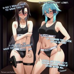 1boy 1girls ai_generated blacked blacked_clothing blush both_sexes_in_same_situation bulge bulge_through_clothing embarrassed female femboy gun_gale_online helltoyou kirigaya_kazuto male sinon sword_art_online text