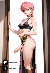 1futa ai_generated black_topwear breasts brown_boots cock colored dick erection female futa_only futanari futanari/female green_eyes jojo's_bizarre_adventure jojo_no_kimyou_na_bouken jojo_reference light_skin light_skinned_futanari nickythecreator on_side penis pink_hair room sexy sexy_body sexy_pose short_hair standing testicles trish_una uncensored veiny_penis