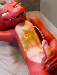 absurd_res anthro bed bodily_fluids cringeboye dragon erection furniture genital_fluids genitals hi_res holding_penis lying male mythological_creature mythological_scalie mythology peeing peeing_on_self penis pubes scalie solo sweat urinating urinating_male urine urine_on_chest urine_on_self urine_stream watersports