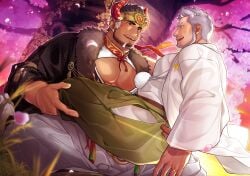 2boys bara bare_breasts beard beefy big_breasts big_hands black_eyes blurry_foreground blush breasts brown_hair cherry_blossoms crossed_legs daddy depth_of_field dilf duo flower_petals fully_clothed fur gay gozu_farm grabbing grabbing_legs grabbing_waist grass grey_eyes gyee hakama haori headgear hi_res horn husband husband_and_husband japanese_clothes jewelry kimono laugh looking_at_another male male/male male_breasts male_only manly married married_couple mature_male multicolored_hair muscles muscular muscular_male mustache_stubble no_visible_genitalia old_male oppai ornament outdoors pecs ring short_hair sideburns sitting sitting_on_lap sitting_on_person sunset tree two_tone_hair white_hair yaoi