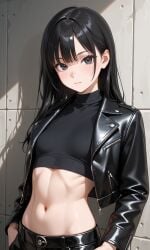 ai_generated black_eyes black_hair crop_top leather leather_jacket muscular_female skulduggery_pleasant valkyrie_cain