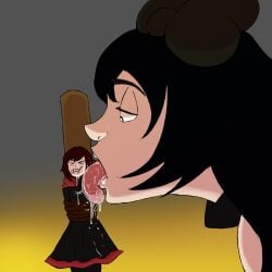 2d 2d_(artwork) 2girls black_dress black_hair blake_belladonna digital_drawing_(artwork) digital_media_(artwork) duo duo_female duo_focus female female_focus female_only female_victim giant_female giantess grossed_out human human_female licking light-skinned_female light_skin long_hair looking_down rope rope_bondage ruby_rose rwby saliva saliva_trail shippart short_hair shrunk shrunken_female skirt tied_up tongue tongue_out trying_to_resist victim victim_female yuri