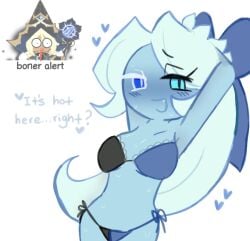 bikini bikini_bottom bikini_top blush cookie_run cookie_run_kingdom female femshadow_milk_cookie hands_behind_head heart_symbol looking_at_viewer shadow_milk_cookie sodastik sweating talking_to_viewer truthless_recluse