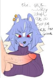 blue_hair dick_in_face dick_on_face furry furry_ears furry_female human_male human_on_anthro human_on_furry humanoid_penis inminent_sex pharrim red_eyes skunk skunk_ears skunk_girl skuunk02 spanish_text sweater