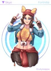 1girls 2d belly belly_button big_breasts blue_eyes breasts brown_hair clothed clothed_female clothing crop_top curvaceous curvy curvy_female curvy_figure double_peace_sign double_v epic_games exposed_belly exposed_navel exposed_stomach facing_viewer female female_only fingerless_gloves fortnite fortnite:_battle_royale front_view fully_clothed hat jacket_open jeans light-skinned_female light_skin looking_at_viewer navel nipple_bulge open_jacket peace_sign riukykappa shoulder_length_hair simple_background skye_(fortnite) smile solo solo_female standing stomach sweater_around_waist tagme thick_thighs thighs tight_clothes tight_clothing tight_shirt v_sign white_background