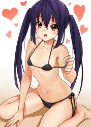 azusa_nakano_(k-on!) bare_legs bare_shoulders barefoot bikini black_bikini black_hair blush brown_eyes cake collarbone covered_erect_nipples female female_focus flat_chest food fork gaou_(umaiyo_puyoman) halterneck heart highres holding holding_fork k-on! micro_bikini nakano_azusa navel side-tie_bikini_bottom sitting smile solo spoon string_bikini swimsuit twintails wariza