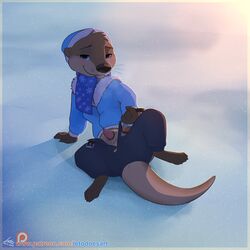 animal_genitalia anthro arin_(letodoesart) balls blue_eyes brown_fur clothing erection fur letodoesart looking_at_viewer male male_only mammal mustelid nude otter outside penis scarf sheath simple_background snow solo tapering_penis tongue tongue_out undressing whiskers winter_jacket