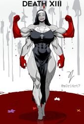 4arms alternate_version_at_source alternate_version_available black_hair blood_in_mouth calidvs_sol christian_cross christianity creepy cross_necklace death dripping_blood flowers ghilan'nain_(game) grey_skin grin grinning_at_viewer impalement m0r14rt7 monster_girl mother_of_beasts_(game) multi_arm multi_limb muscular muscular_female no_pupils nun nun's_habit nun_outfit oc official_art oni oni_female original_character pelvic_curtain puddle scary sharp_claws silhouette singular_horn sleeveless stakes tarot tarot_card voluptuous_female wet wet_hair