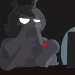 1boy 1girls 2025 black_hair blowjob computer computer_monitor demon demon_boy demon_girl demon_horns eve_(the_binding_of_isaac) fellatio female handjob incubus lilithgal male male/female red_eyes short_hair small_but_hung small_sub_big_dom sweat the_binding_of_isaac white_eyes
