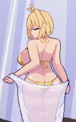 1girls ahoge arcueid_brunestud ass ass ass_bigger_than_head ass_focus big_butt bikini blonde_hair breasts breasts_bigger_than_head closed_eyes gold_bikini golden_bikini golden_week huge_breasts large_ass melty_blood pixel_art presenting_hindquarters raptorbr_(artist) short_hair sideboob top_heavy tsukihime turning_head