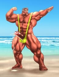 bara beach boner buff erection flexing green_mankini hitenmaru lime_mankini male_only mankini masturbation penis penis_exposed pose sand sexy sexy_pose sky smiling solo solo_male sperm sunglasses sweat sweating water