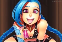 2025 ai_generated artist_name blue_hair braid breasts crazyfishbones female gloves jinx_(league_of_legends) long_hair open_mouth solo twin_braids