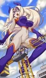 1boy 1girls areola_bulge blonde_hair blue_sky bodysuit breasts cameltoe covered_navel crane crotch_rub erect_nipples erotibot female female_masturbation giantess hi_res horns large_breasts long_hair male masturbation masturbation_through_clothing minoru_mineta mount_lady my_hero_academia open_mouth pussy_juice skin_tight sky third-party_edit yuu_takeyama